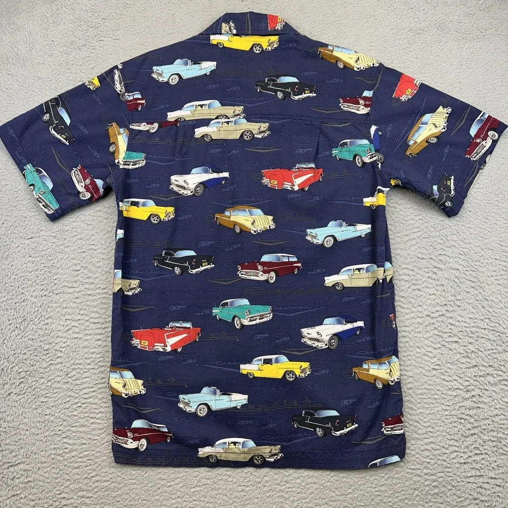 David Carey Shirt Mens‎ Medium Navy Hawaiian Aloha Camp Chevrolet Classic Cars